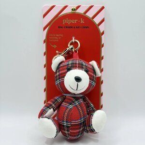 Piper K Plaid Teddy Bear Bag Charm & Key Chain. Soft Fuzzy Accents